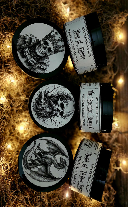King of Bones, The Bearded Revenant, Urban Legends Whipped Cream Wash in an amber jar