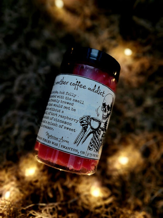 A jar of Mysterious Acres just another coffee addict broken pieces wax melts, featuring a black lid and a label with a gothic illustration, resting on a bed of dried moss with warm fairy lights.