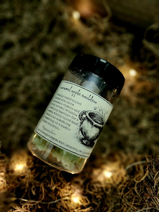 A jar of Mysterious Acres caramel apple cauldron broken pieces wax melts, featuring a black lid and a label with a gothic illustration, resting on a bed of dried moss with warm fairy lights.