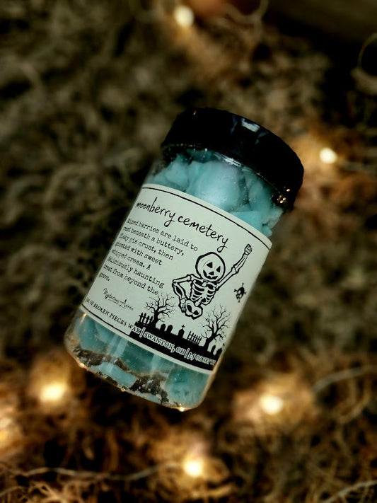A jar of Mysterious Acres moonberry cemetery broken pieces wax melts, featuring a black lid and a label with a gothic illustration, resting on a bed of dried moss with warm fairy lights.