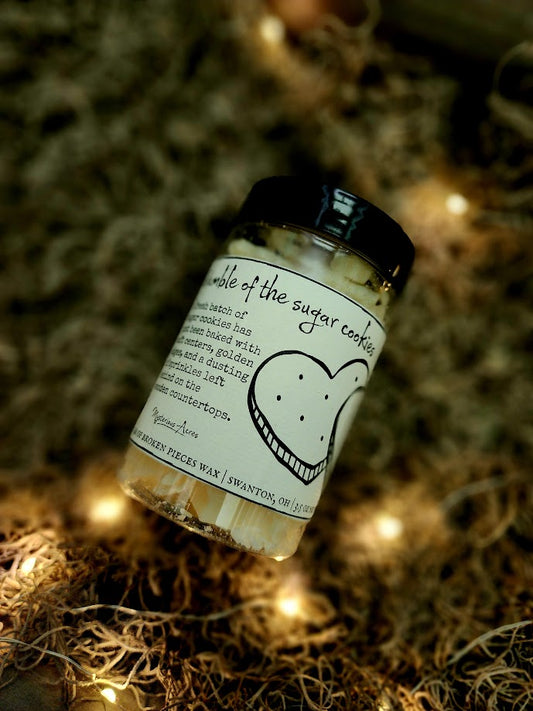 A jar of Mysterious Acres crumble of the sugar cookies broken pieces wax melts, featuring a black lid and a label with a gothic illustration, resting on a bed of dried moss with warm fairy lights.