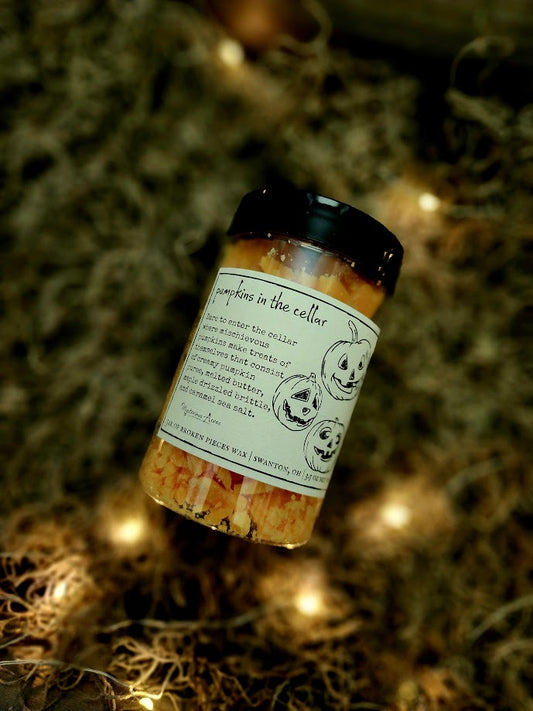 A jar of Mysterious Acres pumpkins in the cellar broken pieces wax melts, featuring a black lid and a label with a gothic illustration, resting on a bed of dried moss with warm fairy lights.