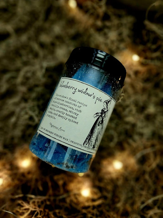 A jar of Mysterious Acres blueberry widow's pie broken pieces wax melts, featuring a black lid and a label with a gothic illustration, resting on a bed of dried moss with warm fairy lights.